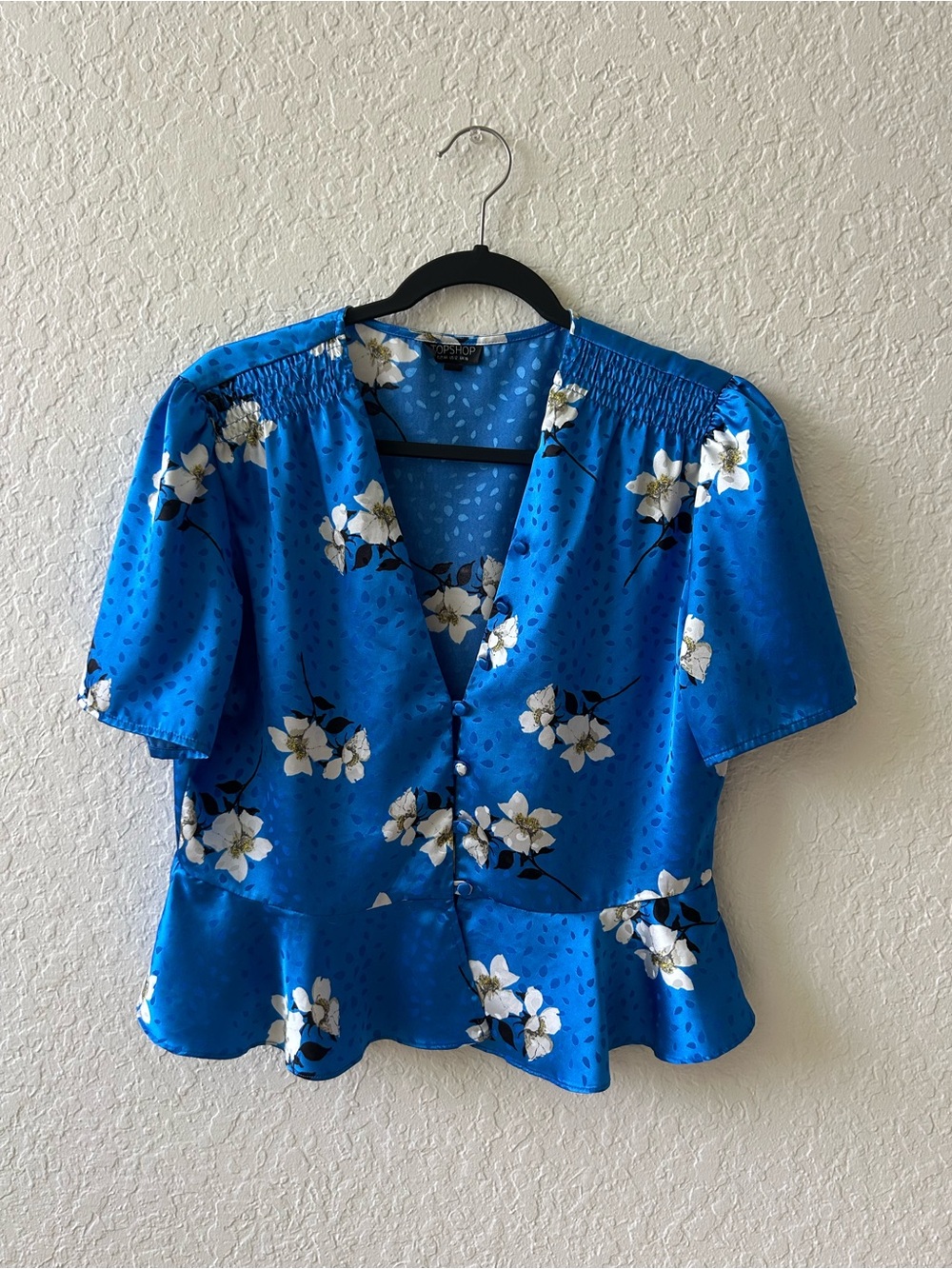 Topshop Bright Blue Floral V-Neck Peplum Blouse